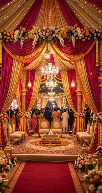 Indian wedding mandap decorated with flowers and chandeliers